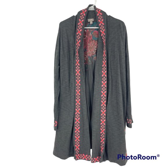 J. Jill Sweaters - J Jill Long Cardigan Sweater Gray Women's Floral Embroidered Open Front Size 1X